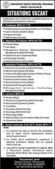 International Islamic University (IIU) Requires Teaching Staff (Government Job)