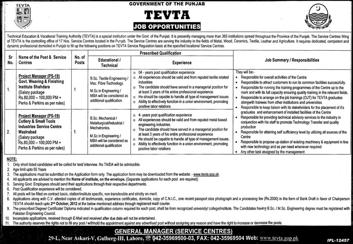TEVTA Government of Punjab Requires Project Managers (Government Job)