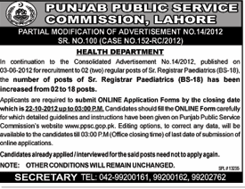 Sr. Registrar Paediatrics Required Under PPSC in Health Department Punjab (PPSC job) (Government Job)