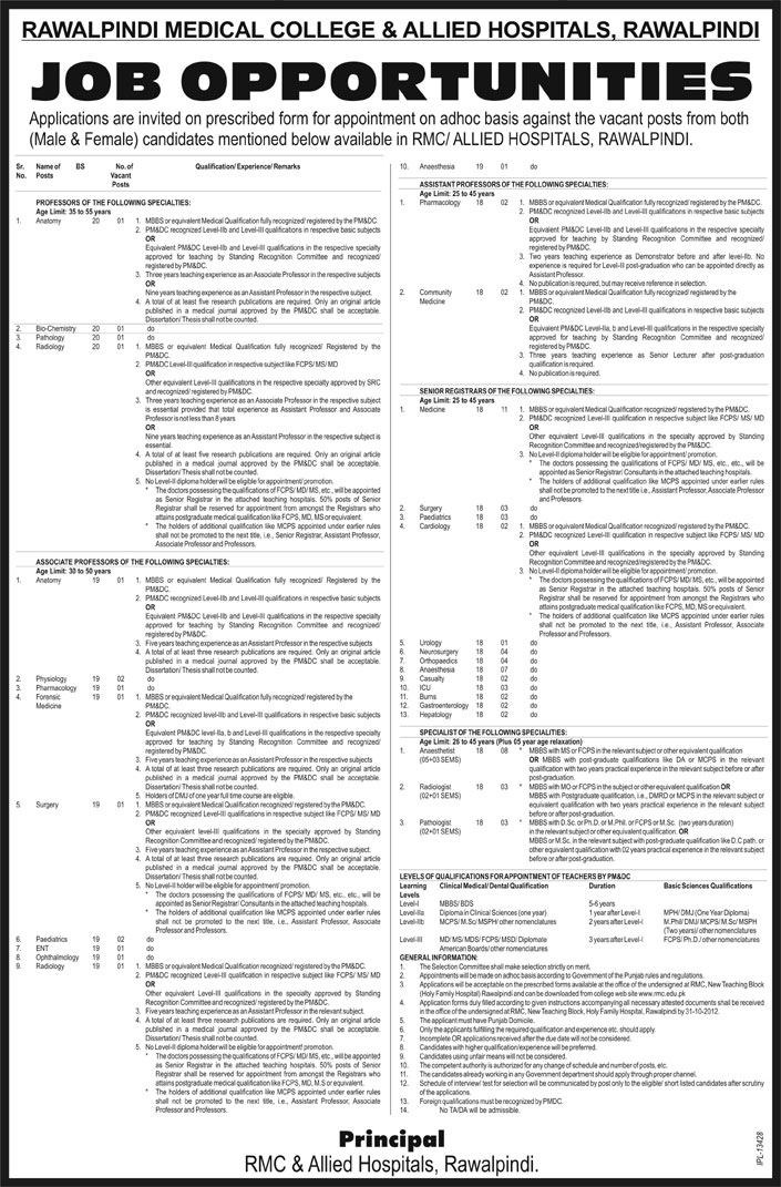 RMC Rawalpindi Medical College & Allied Hospitals Requires Teaching Faculty (Government Job)