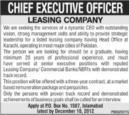 A Leasing Company Needs Chief Executive Officer (CEO)