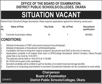 District Public Schools / Colleges Secretariat Okara Jobs 2013 for Controller Examination