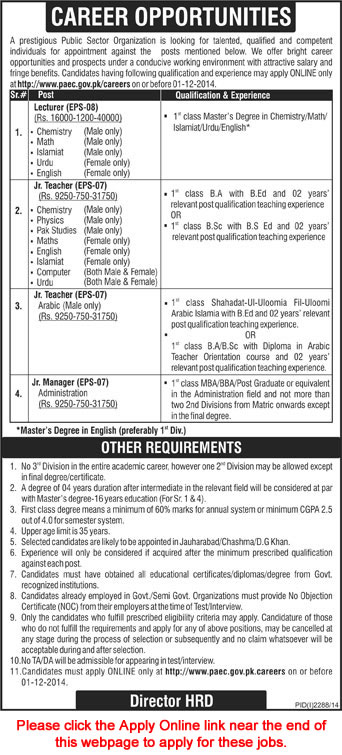 PAEC Jobs November 2014 Apply Online Lecturers & Junior Teachers / Managers