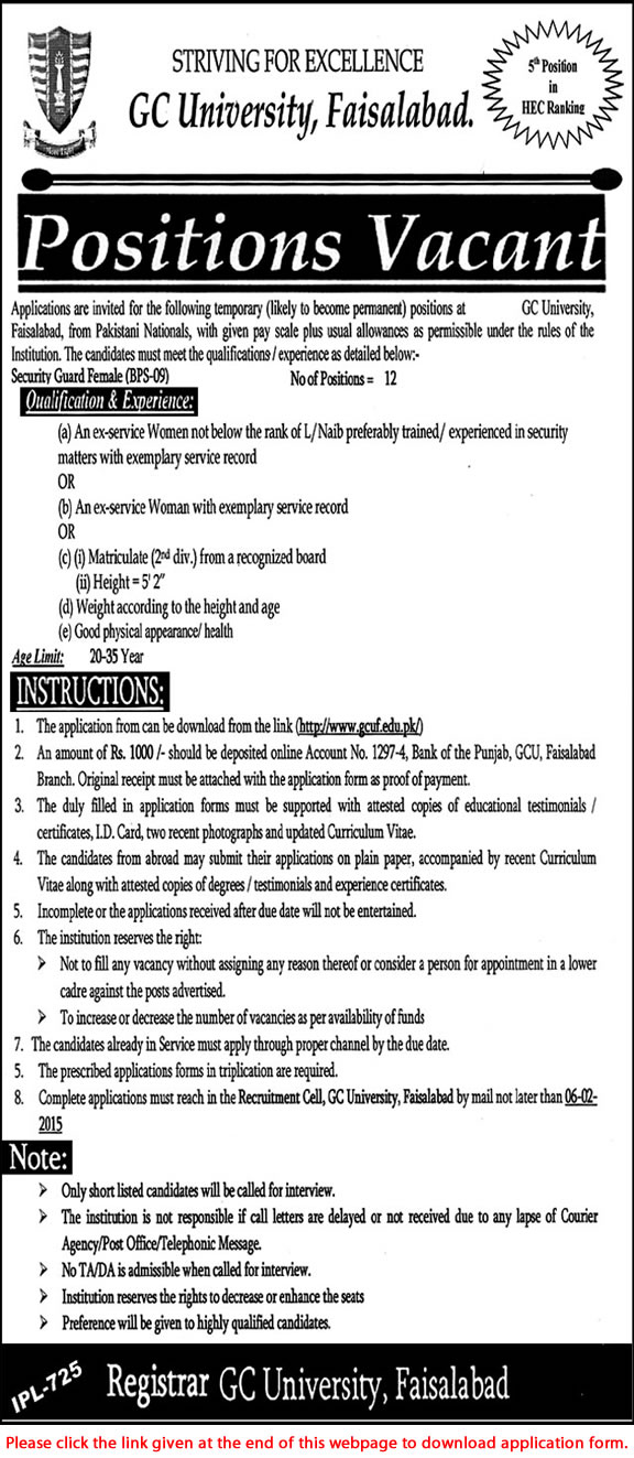 Female Security Guard Jobs in GC University Faisalabad 2015 Application Form Download Latest