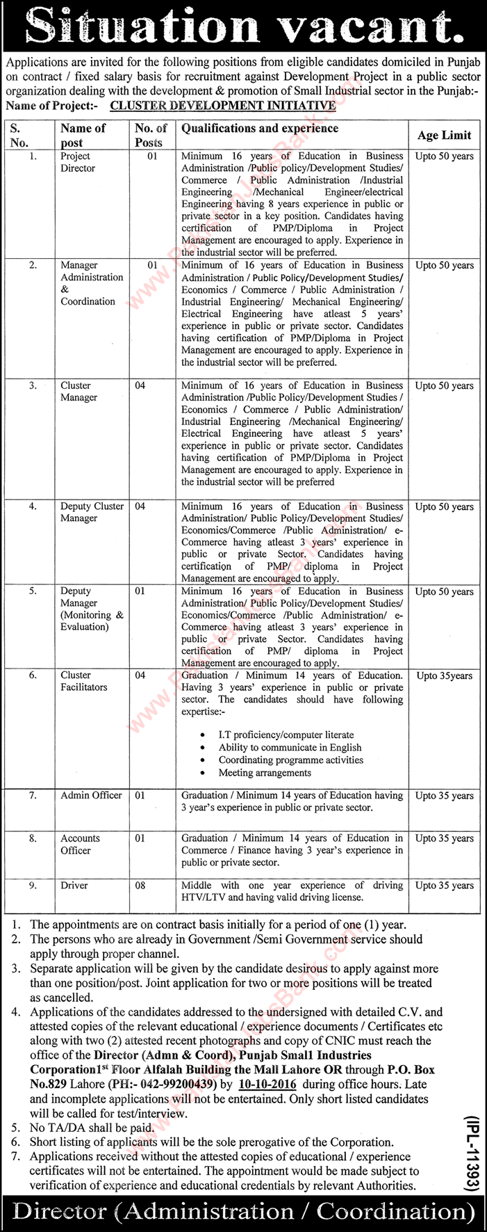 Punjab Small Industries Corporation Jobs September 2016 Cluster Development Initiative Project Latest