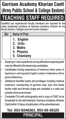 Garrison Academy Kharian Cantt Jobs 2018 June Teaching Staff APS&C System Latest
