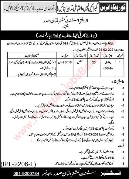 Patwari Jobs in Revenue Department Multan 2021 March Assistant Commissioner Office Latest