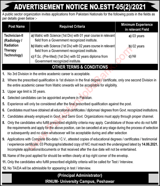 Medical Technician Jobs in IRNUM Hospital Peshawar May 2021 June PAEC Radiology Technician Latest