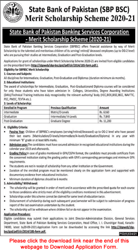 State Bank of Pakistan Merit Scholarship Scheme 2020-21 Application Form for SBP Employees Children Latest