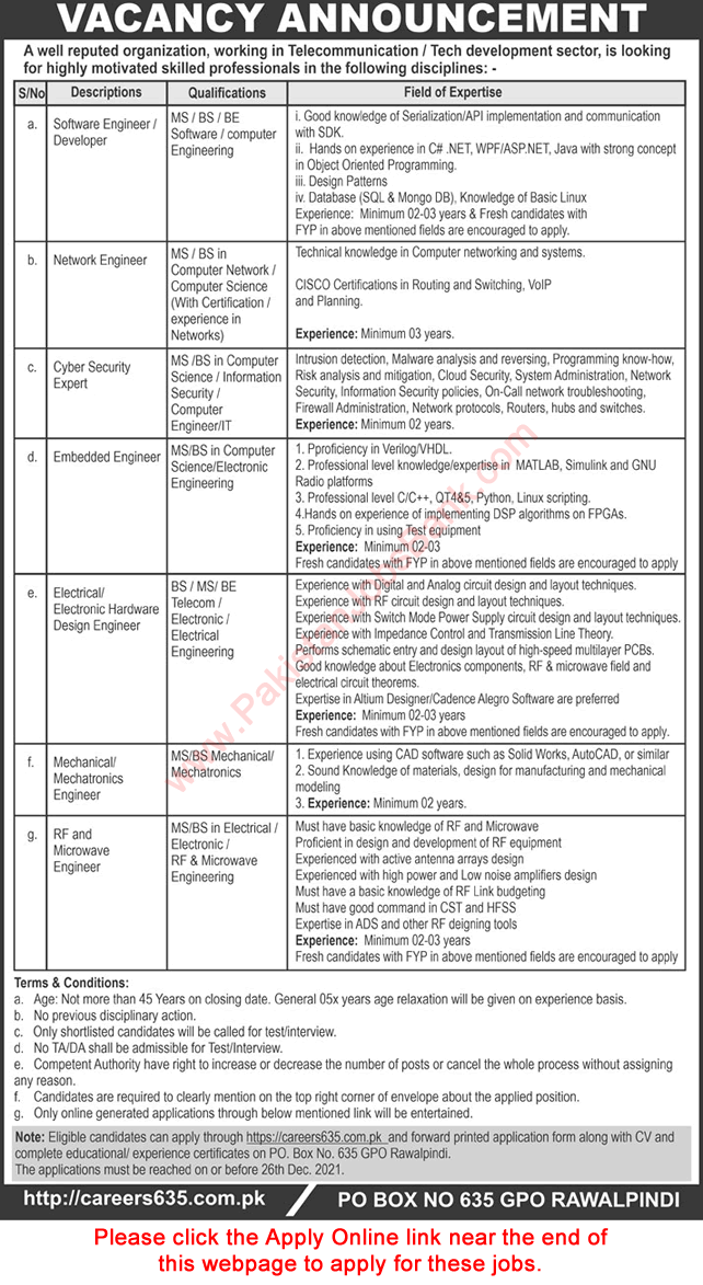 PO Box 635 GPO Rawalpindi Jobs December 2021 Apply Online Software Engineers & Others Latest