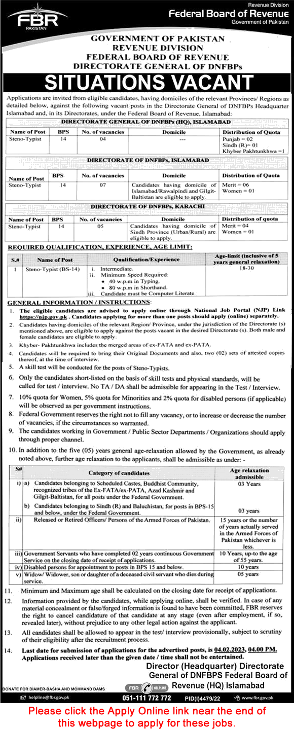 Stenotypist Jobs in FBR 2023 Apply Online Federal Board of Revenue Latest