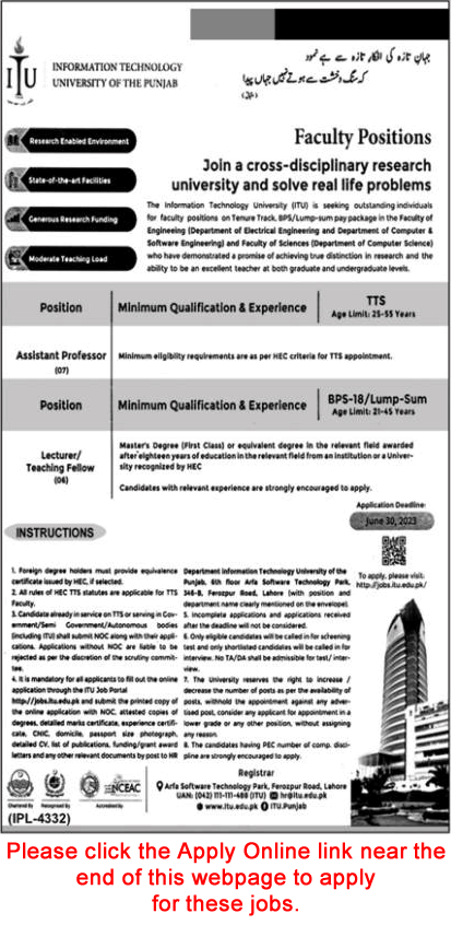 Information Technology University Lahore Jobs 2023 June Apply Online Teaching Faculty ITU Latest