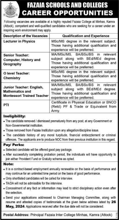 Fazaia Inter College Minhas Kamra Jobs 2024 May Lecturers, Teachers & PTI Latest