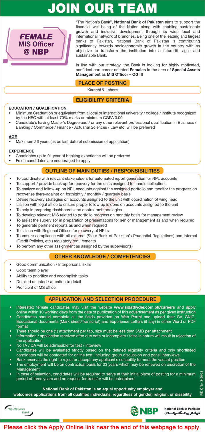 Female MIS Officer Jobs in National Bank of Pakistan June 2024 Apply Online NBP Latest