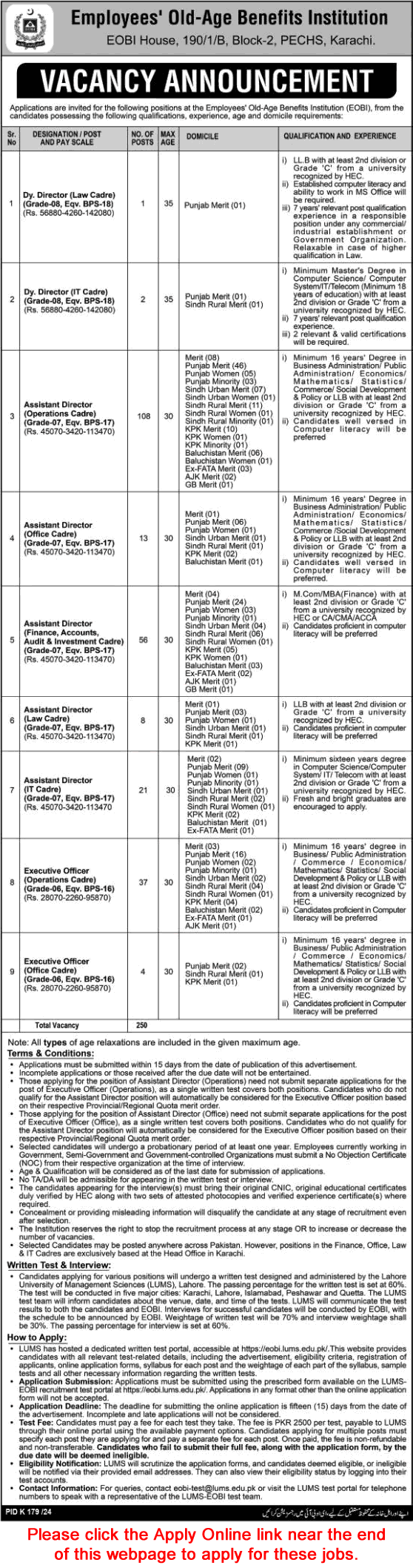 Employees Old Age Benefits Institution Karachi Jobs 2024 July EOBI Apply Online Assistant Directors & Others Latest