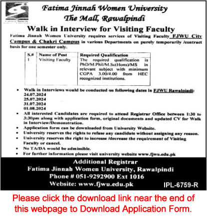 Fatima Jinnah Women University Rawalpindi Jobs July 2024 Visiting Faculty Application Form Walk in Interview Latest