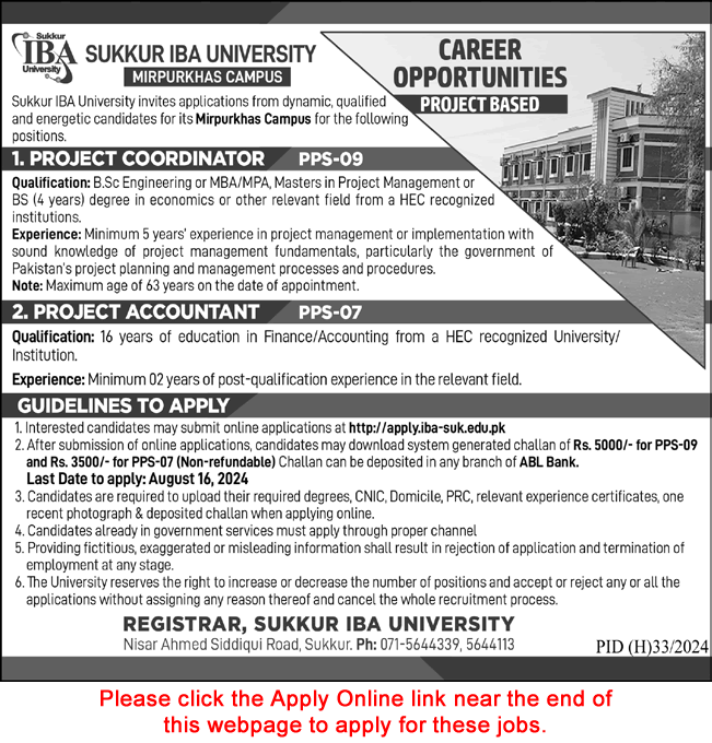 Sukkur IBA University Mirpur Khas Campus Jobs 2024 July / August Apply Online Project Coordinator & Accountant Latest
