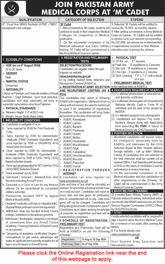 Join Pakistan Army as M Cadet August 2024 Online Registration in Medical Corps Latest