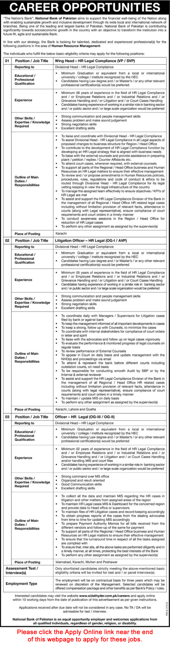 National Bank of Pakistan Jobs August 2024 Apply Online HR Legal Officers & Others NBP Latest