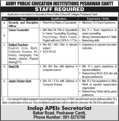 Army Public School and Colleges Peshawar Cantt Jobs 2024 August Teachers & Others APS&C Latest