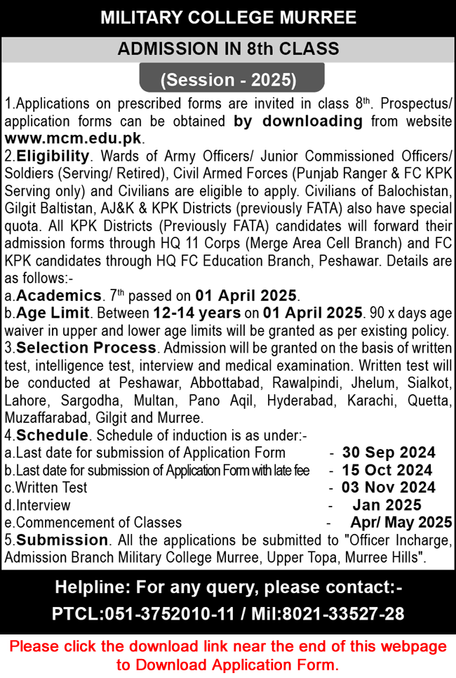 Military College Murree Admission in 8th Class 2024-2025 Application Form Download Latest