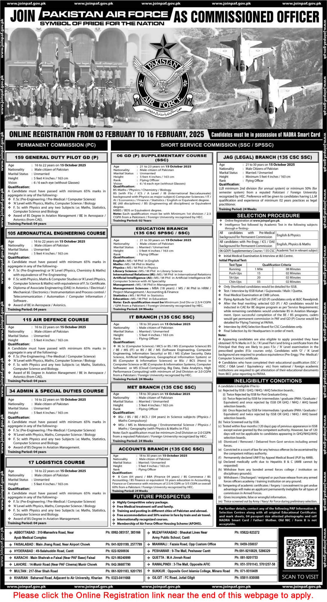 Join Pakistan Air Force as Commissioned Officer 2025 February Online Registration SSC, SPSSC & Permanent Commission Latest