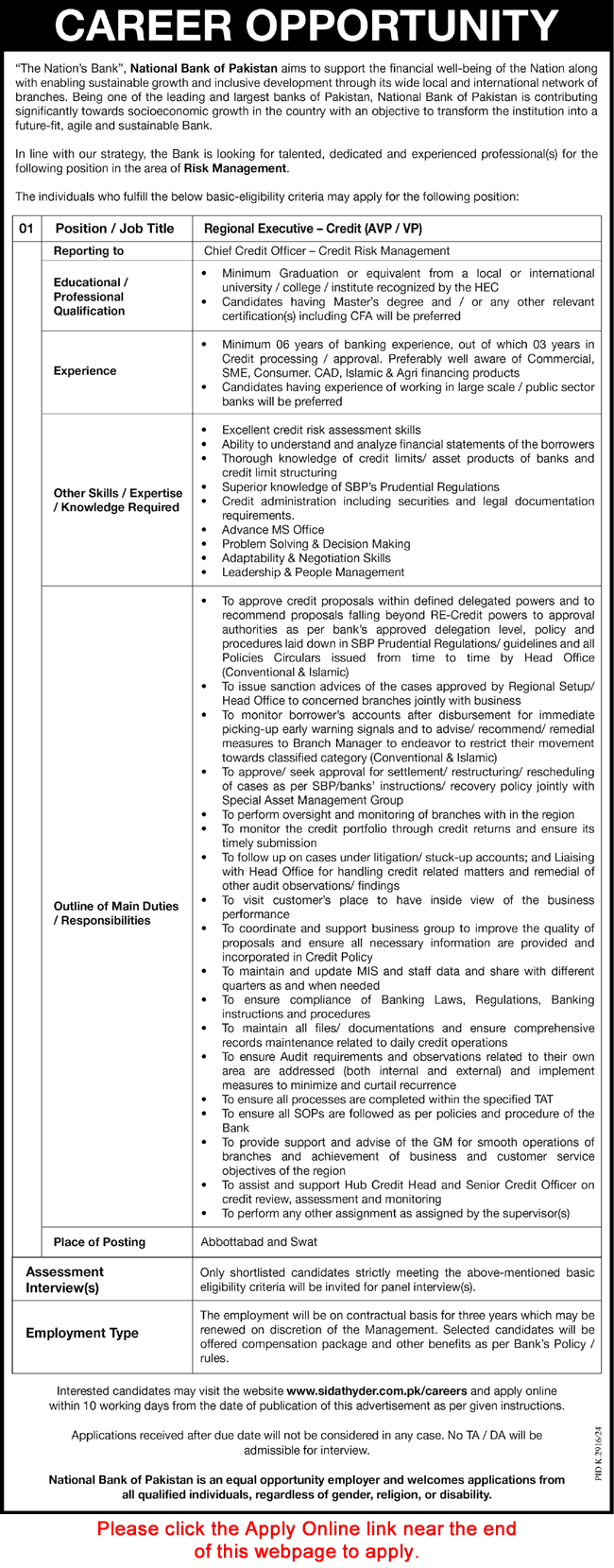 Regional Executive Jobs in National Bank of Pakistan March 2025 Apply Online Credit Officer Latest