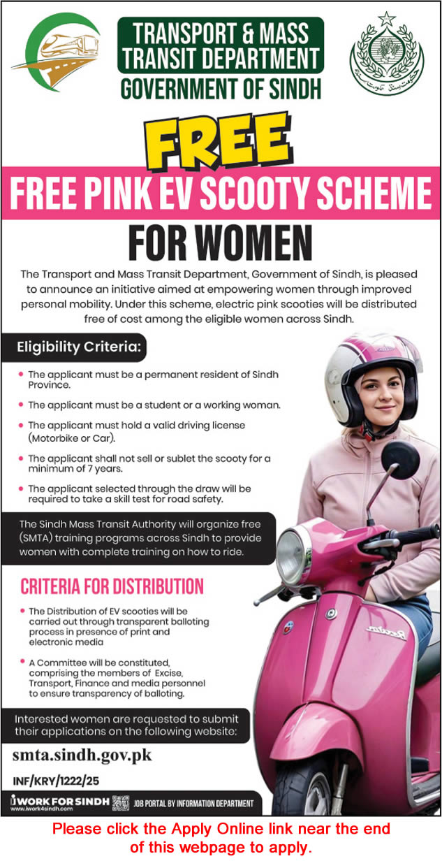 Transport & Mass Transit Department Sindh Free Pink EV Scooty Scheme 2025 April Apply Online Latest
