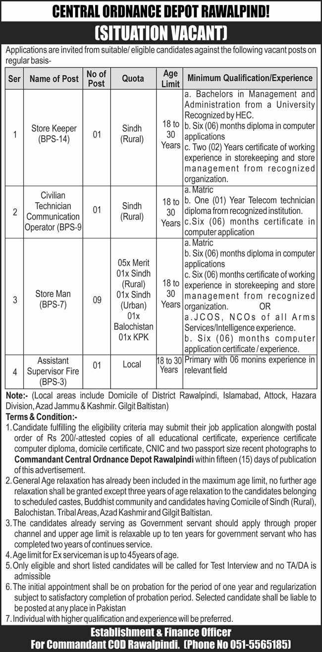 Central Ordnance Depot Rawalpindi Jobs 2025 April Storeman, Fire Supervisor & Others COD Latest
