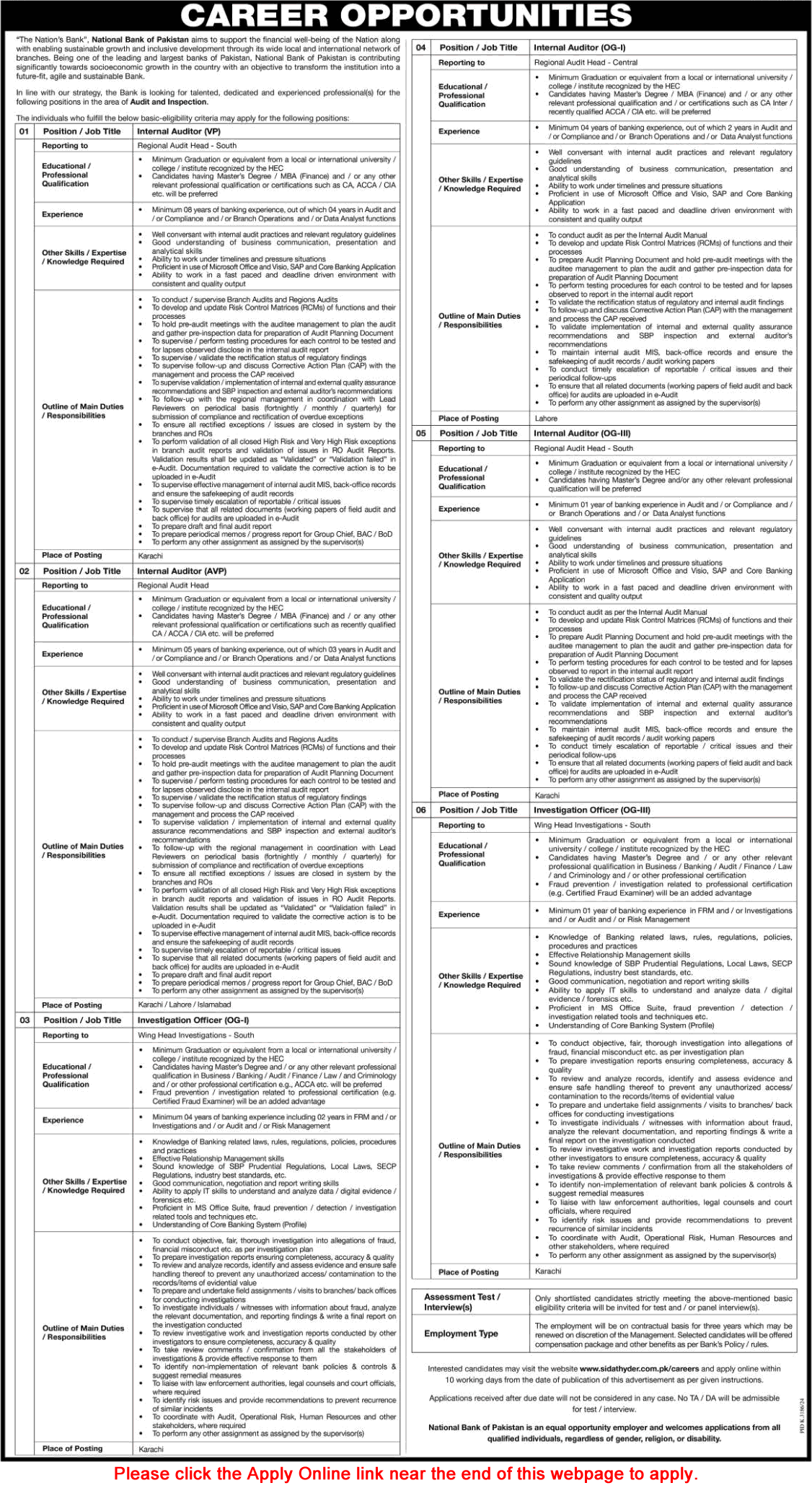 National Bank of Pakistan Jobs April 2025 Apply Online Internal Auditors & Investigation Officers NBP Latest