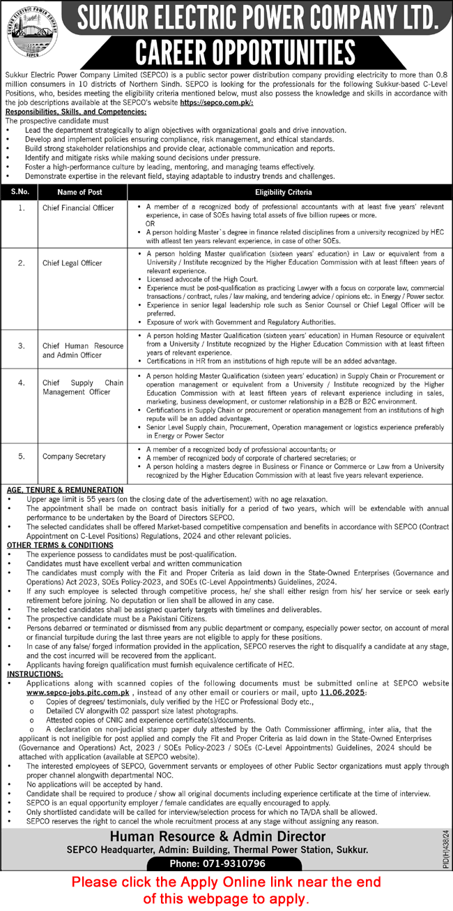 SEPCO Jobs May 2025 June Apply Online Chief Legal / Financial Officers & Others WAPDA Latest