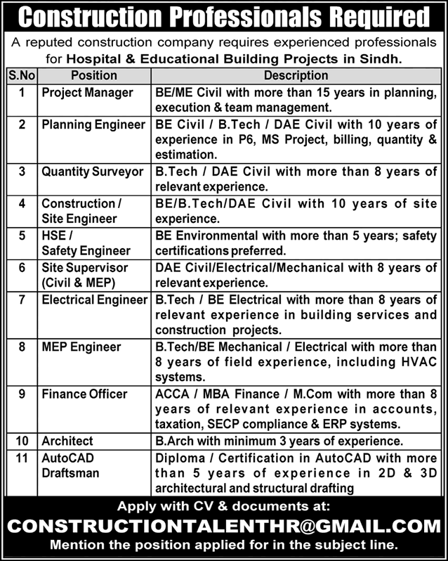 Construction Company Jobs in Sindh June 2025 Civil Engineers, Project Managers & Others Latest