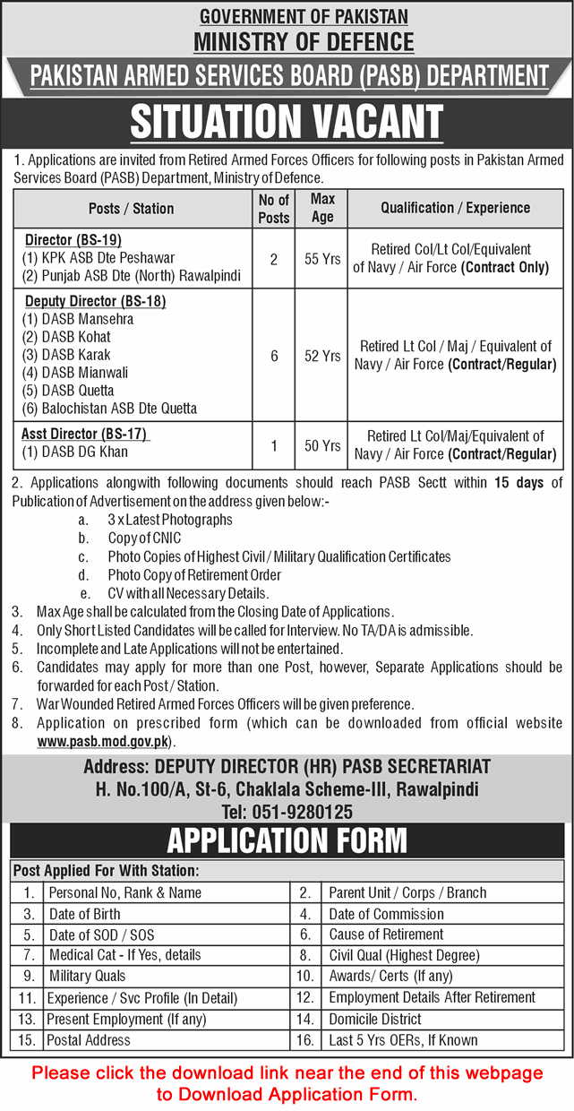 Pakistan Armed Services Board Jobs June 2025 Application Form Deputy / Assistant Directors Ex/Retired Army Officers PASB Latest