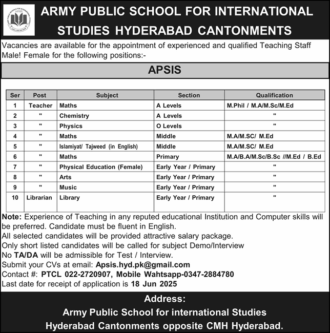Army Public School for International Studies Hyderabad Jobs June 2025 Teachers & Librarian APSIS Latest