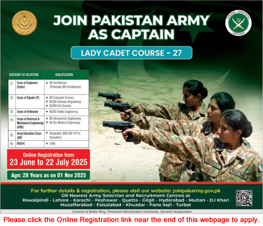 Join Pakistan Army as Captain June 2025 through Lady Cadet Course Online Registration Latest