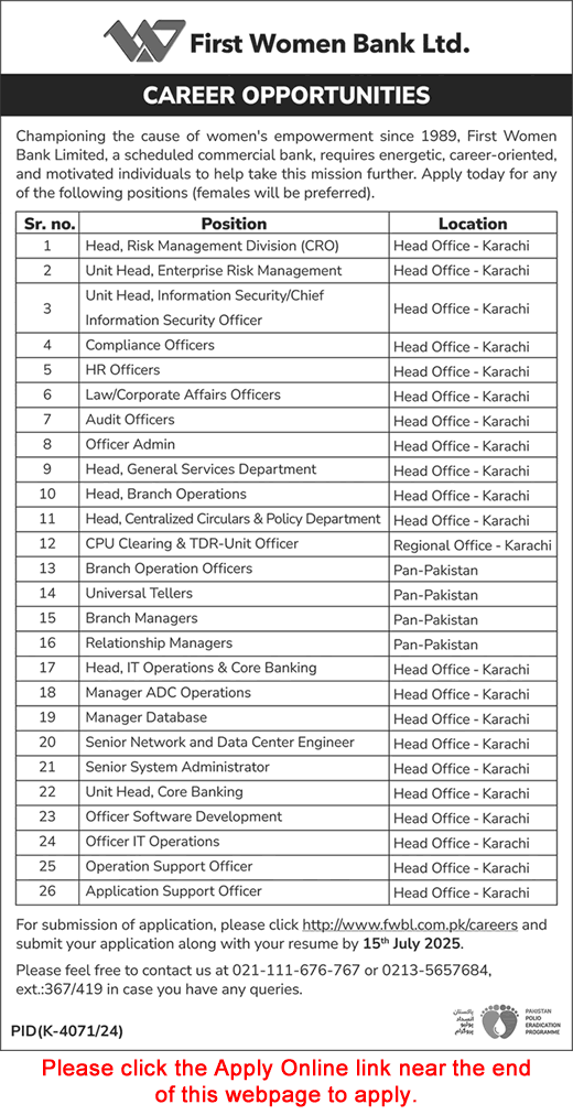 FWBL Jobs 2025 June / July Apply Online Tellers, Relationship Managers, Branch Operation Officers & Others Latest