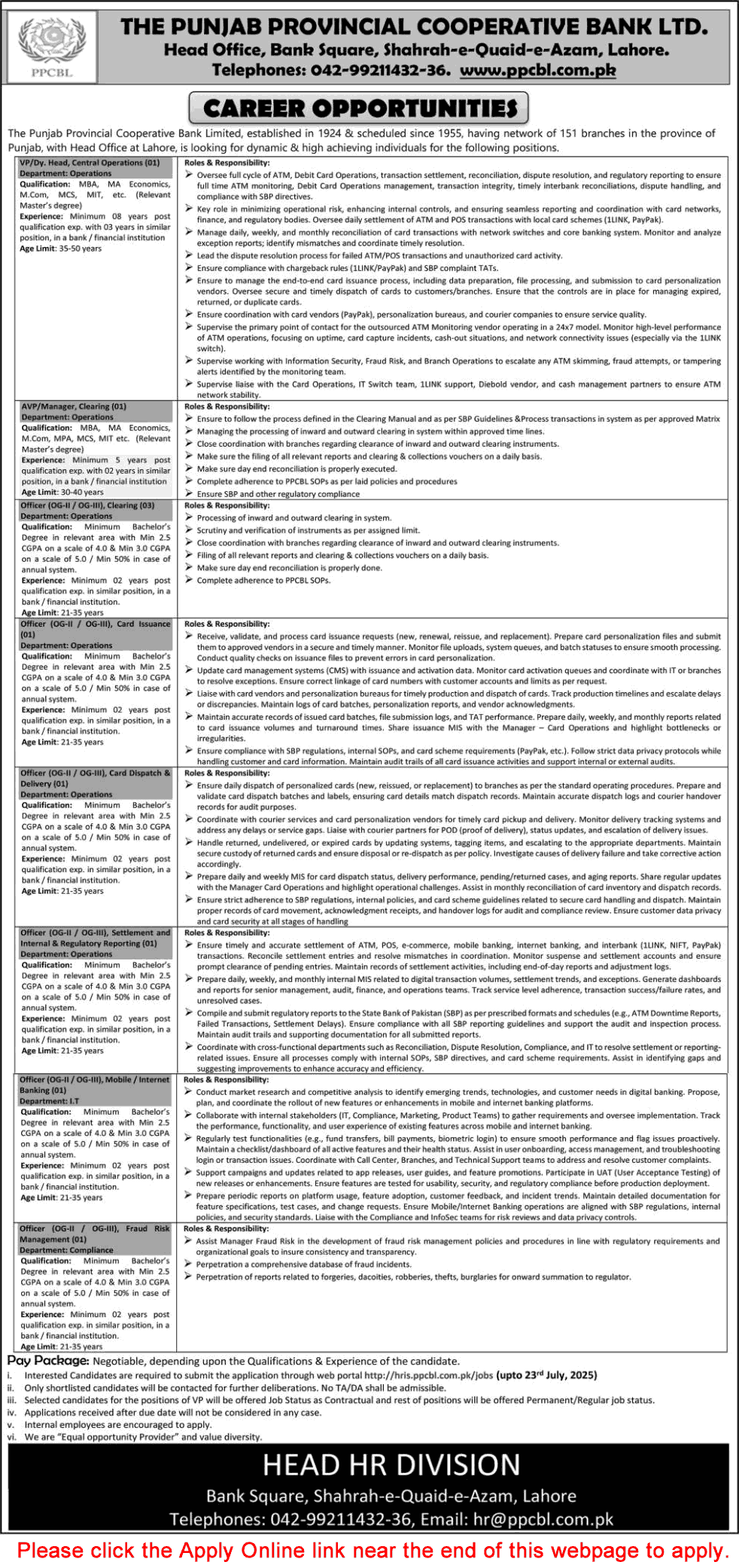 Punjab Provincial Cooperative Bank Jobs July 2025 PPCBL Apply Online Latest