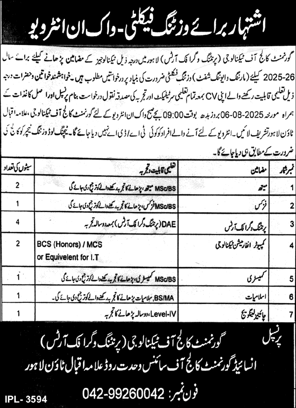 Government College of Technology Lahore Jobs 2025 July Visiting Faculty Walk in Interview Latest