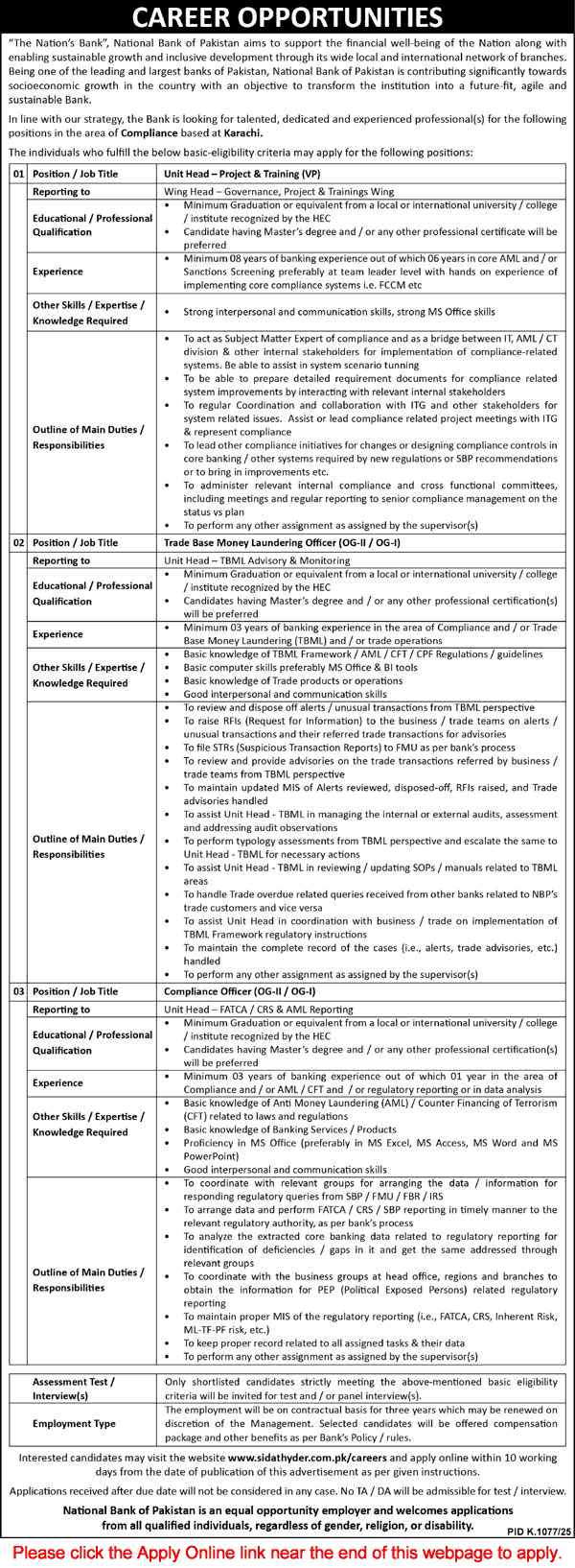 National Bank of Pakistan Jobs September 2025 October Apply Online Compliance Officers & Others Latest