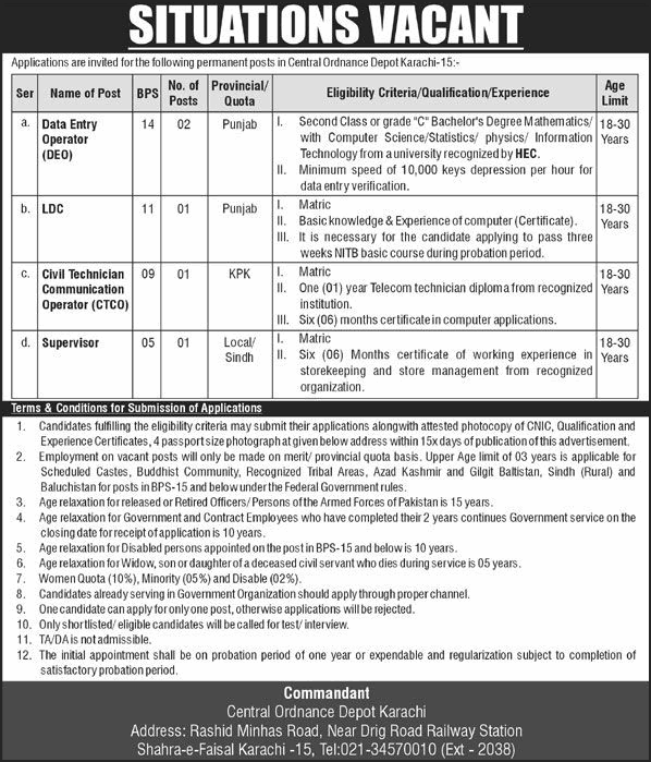 Central Ordnance Depot Karachi Jobs September 2025 October Data Entry Operators & Others COD Latest