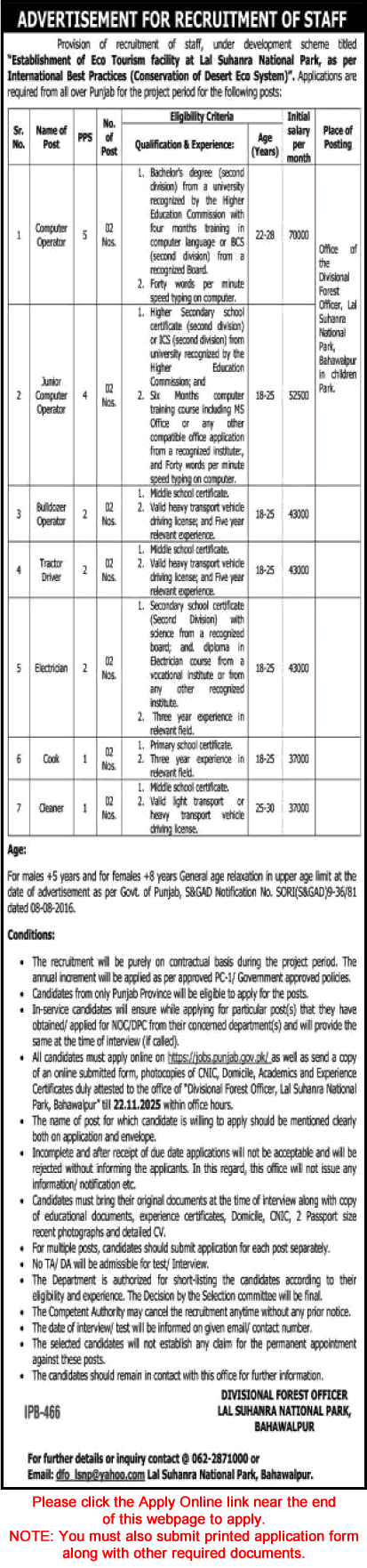 Forest Department Bahawalpur Jobs 2025 November Apply Online Lal Suhanra National Park Latest
