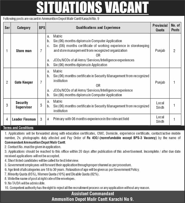 Ammunition Depot Malir Cantt Karachi Jobs December 2025 Storman, Security Supervisor & Others Pakistan Army Latest