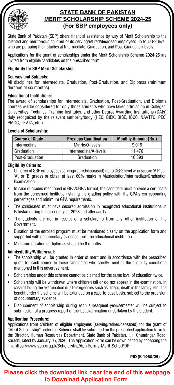 State Bank of Pakistan Merit Scholarship Scheme December 2025 Application Form for SBP Employees Children Latest