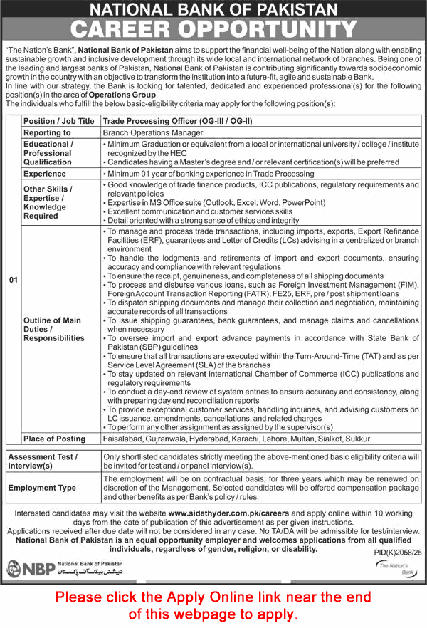 Trade Processing Officer Jobs in National Bank of Pakistan December 2025 Apply Online NBP OG-II / III Latest