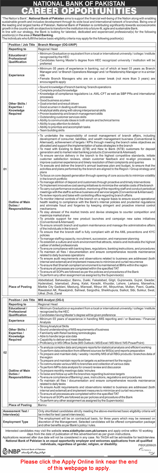National Bank of Pakistan Jobs December 2025 Apply Online Branch Managers & MIS Analysts NBP Latest