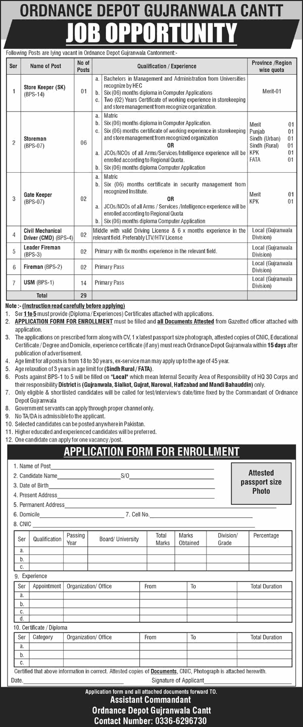 Ordnance Depot Gujranwala Cantt Jobs December 2025 USM Labour, Storeman & Others Pakistan Army Latest