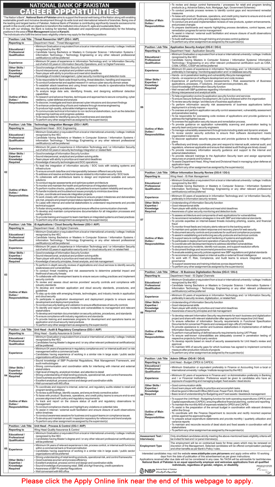 National Bank of Pakistan Jobs December 2025 Apply Online Admin Officer, Application Security Analyst & Others NBP Latest