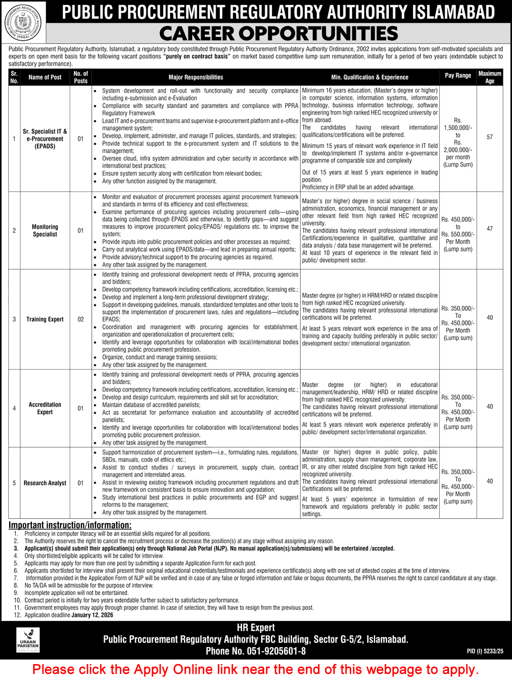 Public Procurement Regulatory Authority Islamabad Jobs December 2025 / 2026 Apply Online PPRA Latest
