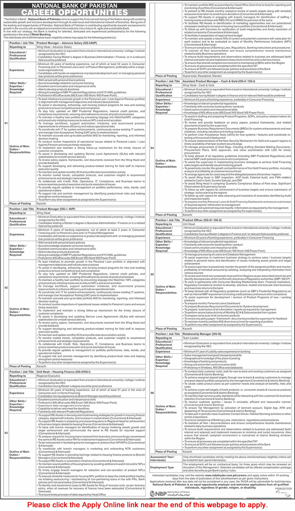 National Bank of Pakistan Jobs December 2025 / 2026 Apply Online Product Managers / Officers & Others Latest