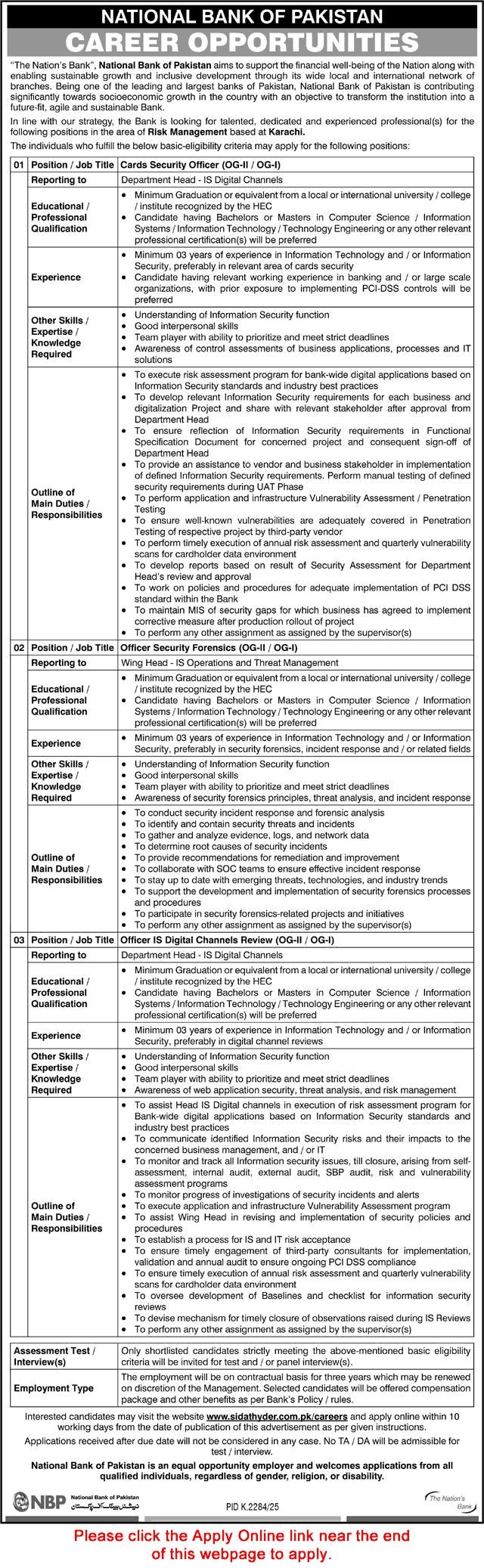 National Bank of Pakistan Jobs 2026 Apply Online Forensics Security Officer & Others NBP Latest